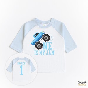 Monster Truck Birthday Shirt, First Birthday Monster Truck Theme Raglan Shirt, One Is My Jam, Custom Name Personalized 1 Baby Boys image 2