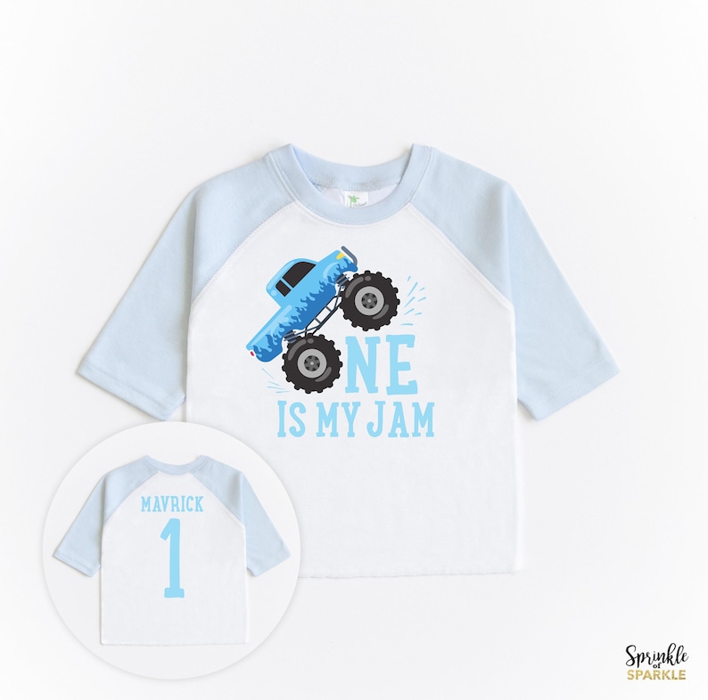 Monster Truck Birthday Shirt, First Birthday Monster Truck Theme Raglan Shirt, One Is My Jam, Custom Name Personalized 1 Baby Boys image 2