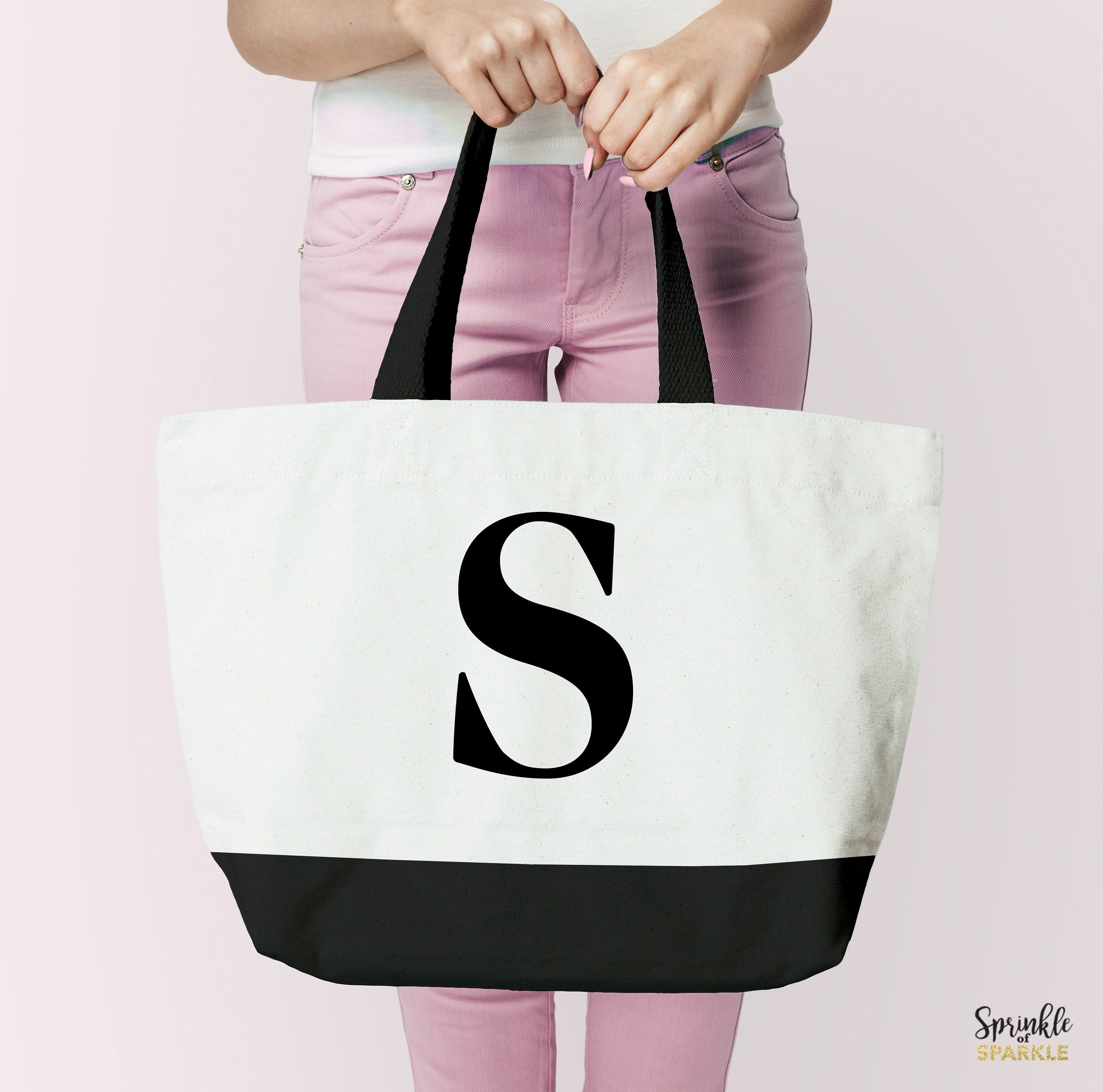 Lamyba Personalized Initial Canvas Beach Bag, Monogrammed Gift Tote Bag for Women with Makeup Bag and Top Zipper, Letter B
