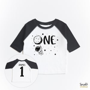 First Birthday One Space Theme Raglan Baseball Shirt - Custom Name Personalized 1 Baby Boys - Astronaut Moon Balloon Bday Outer Space Stars