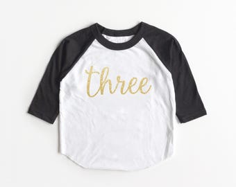Third Birthday Three Raglan - Third Birthday Shirt - 3rd Birthday Outfit - Script Three Girls Third Birthday Sparkle Glitter Shirt