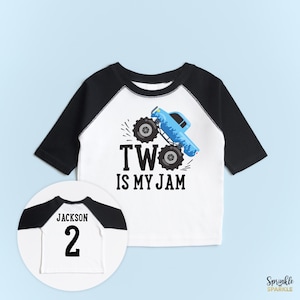 Your little one is sure to love this Monster Truck themed birthday shirt on their Second birthday. It has a monster truck on the front as well as the number 2 and their name customizable on the back of the shirt. Two is my Jam on the front