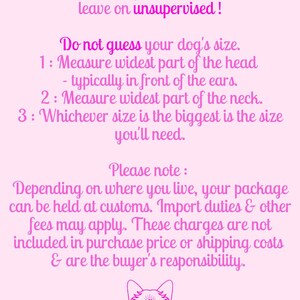 May include: A light pink informational graphic with dark pink text providing instructions for an anti-tick collar. It includes measuring steps for a dog's head and neck, customs information, and a stylized line drawing of a dog head with a third eye.