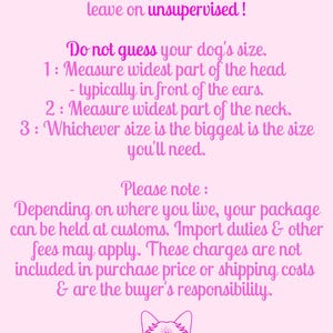 May include: A light pink informational graphic with dark pink text providing instructions for an anti-tick collar. It includes measuring steps for a dog's head and neck, customs information, and a stylized line drawing of a dog head with a third eye.