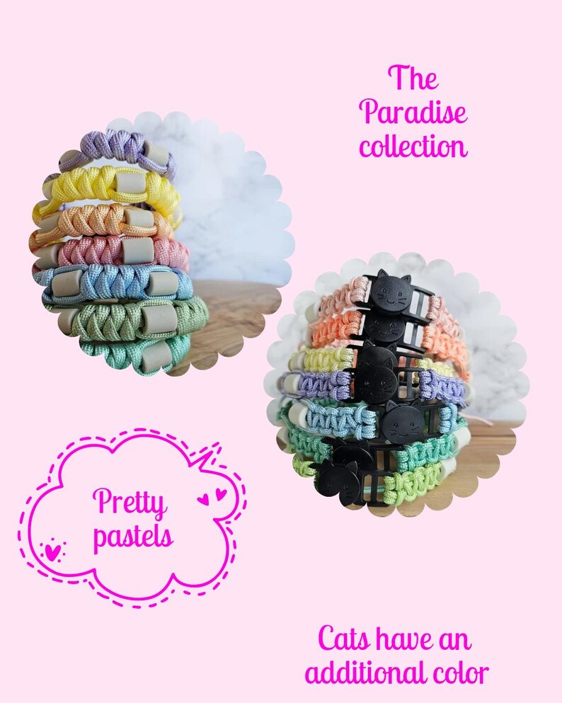 May include: A collection of braided paracord bracelets in pastel colors including lavender, yellow, peach, pink, blue, and green. Each bracelet features a small grey bead or a black cat-shaped buckle. Text reads: The Paradise collection, Pretty pastels, Cats have an additional color.