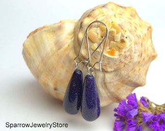 Blue sandstone earrings Boho blue stone jewelry Large teardrop earrings Dangle statement earrings Crystal earrings best gift for her mom
