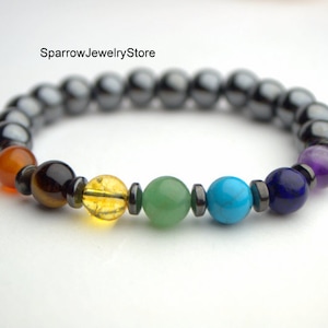 7 Chakra Bracelet: Gemstone Healing Crystal, Yoga Energy, Hematite Stone