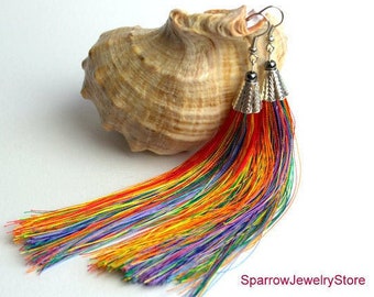 Rainbow colorful tassel earrings Boho silky tassel earring Long bridesmads earring Macrame multi color tassel earring Handmade gift for her