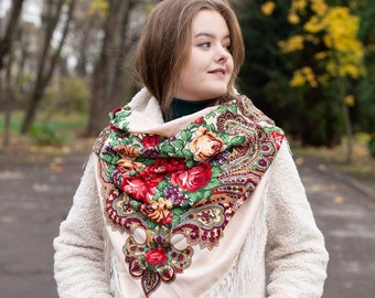 Flower shawl scarf  Ethnic Ukrainian scarf shawl 80% wool Traditional red Ukrainian shawl Valentines day gift for her mom Gift for daughter