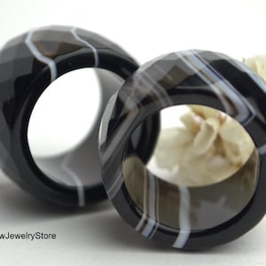Black Agate Gemstone Ring: Wide Band Boho Healing Jewelry