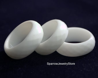 White agate opal faceted ring band Solid carved stone band Natural white faceted stone ring White asexual unisex ring Wedding ring band