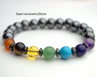 7 Chakra Bracelet: Gemstone Healing Crystal, Yoga Energy, Hematite Stone