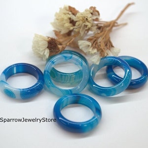 Blue Agate Band Ring: Carved Gemstone Stacking Ring
