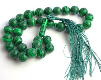 Natural malachite pocket mala Prayer beads Gemstone Worry Beads 27 or 33 Bead Komboloi Mini Mala Worry Stone Mala Beads  Pocket Fidget Beads