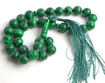 Malachite Pocket Mala: Gemstone Worry Beads with Tassel