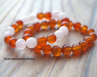 Natural carnelian Rose quartz bracelet Adjustable gemstone bracelets Healing stone jewelry Mens talisman chakra bracelet Carnelian jewelry