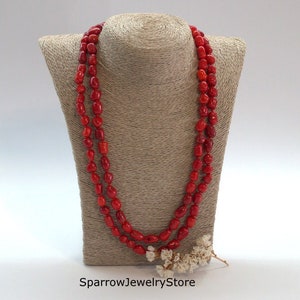 Long red coral necklace Ukrainian folk style necklace Natural red coral Gift for her Long wrap statement necklace Handmade gift for wife mom