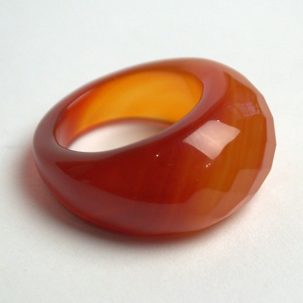 Deep red carnelian agate band Carved stone ring size 7 8 9 10 Solid faceted stackable ring band Eastern style boho unisex ring Gift for her