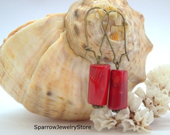 Natural Red Coral Dangle Earrings: Handmade Jewelry Gift