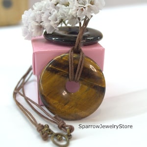 Tigers eye donut pendant necklace Handmade jewelry Gift  for her Christmas present for mom girl Healing stone Minimalist tiger eye necklace