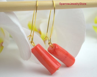 Orange coral earrings Natural salmon coral dangle drop earring Anniversary gifts Real red coral earrings Handmade jewelry for her mom wife