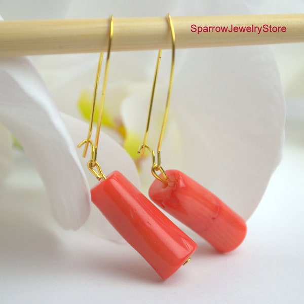 Orange coral earrings Natural salmon coral dangle drop earring Anniversary gifts Real red coral earrings Handmade jewelry for her mom wife