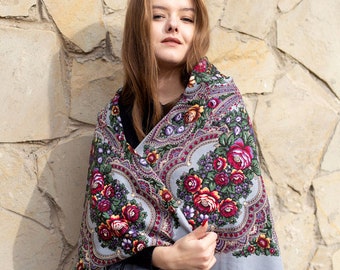 Flower Ukrainian shawl scarf 80% wool shawl Easter gift for wife mom Modern shawl for daughter Ethnic scarf Anniversary gift for wife her