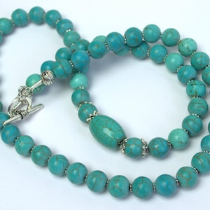 Long Turquoise Necklace: Genuine Gemstone Beads, Silver Toggle Clasp