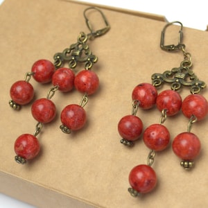 Vintage Earrings with antique bronze accents Red Coral Earrings Long dangle drop antique coral earrings Ukrainian ethnic boho jewelry
