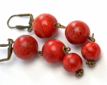 Woman Earrings Red Sponge Coral Earrings Long dangle earrings red gemstone antique bronze accents Ukrainian ethnic jewelry Personalized gift