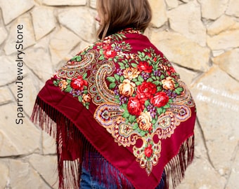 Ethnic Ukrainian scarf shawl 80% wool Traditional red Ukrainian shawl Valentines day gift for wife mom Flower shawl scarf Gift for daughter