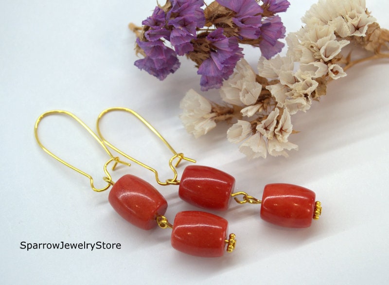 Red coral earrings Natural salmon coral dangle drop earrings Orange coral earrings Anniversary gifts for wife Handmade jewelry for her mom