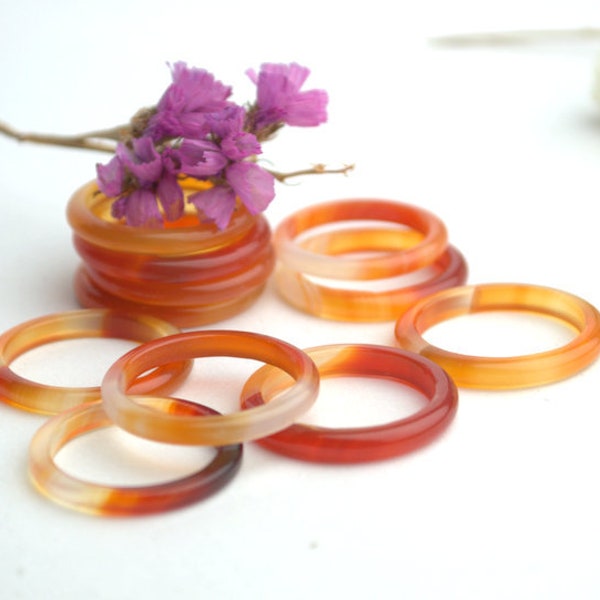 Carnelian agate solid stone ring band Carved stone orange and white band ring size 6 7 8 9 10 Boho stacking ring for her Personalized gifts