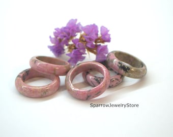 Rhodonite Ring Band: Solid Stone Pink Green Wedding Band