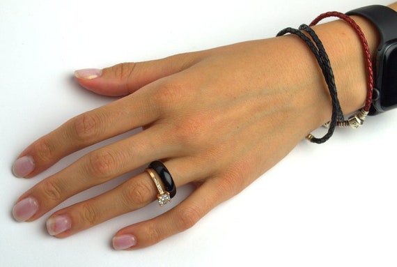 Black Agate Stone Ring Solid Black Gemstone Ring Band Boho Stone
