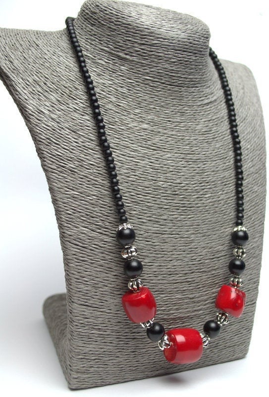 Collier En Corail Rouge Naturel Et Onyx Noir - Argent 925 - 54 Cm - Neuf Avec étiquettes