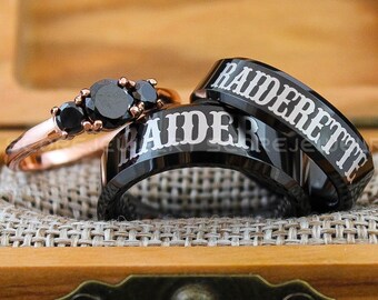 Raider Raiderette Rings, 3 Piece Couple Set Black Tungsten Rings with Beveled Edge, Raider Raiderette Nickname Rings, Black Wedding Rings