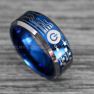 Gamer Ring, Circuit Board Ring, Power Button Ring, 8mm Blue Tungsten Band with Beveled Edge Power Button Ring, Video Game Ring, Blue Ring