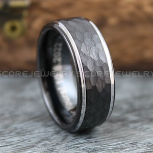 Hammered Ring, Hammered Wedding Ring, 8mm Black Tungsten Band with Silver Step Edge Matte Hammered Finish, Black Tungsten Wedding Ring