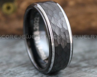 Hammered Ring, Hammered Wedding Ring, 8mm Black Tungsten Band with Silver Step Edge Matte Hammered Finish, Black Tungsten Wedding Ring