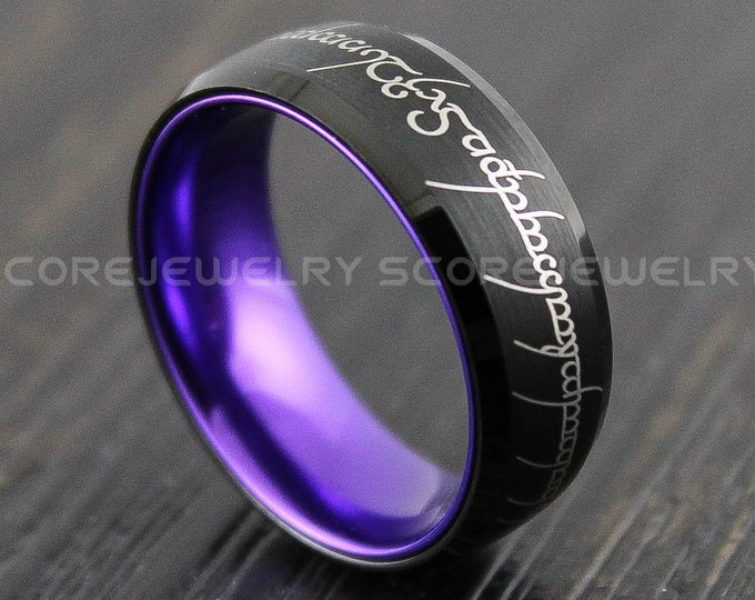 Elvish Ring, Black Tungsten Band Domed Edge and Purple Interior Customized in Elvish Font Pattern Black Tungsten Ring, Black Wedding Ring