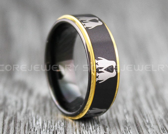 Penguin Ring, Penguin Jewelry, 8mm Tungsten Band with 14K Yellow Step Edge Penguins In Love All Around The Ring, Black Tungsten Wedding Ring