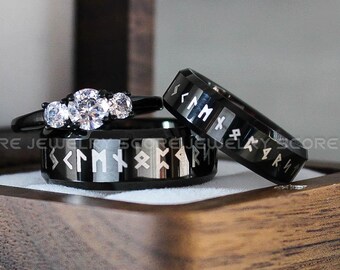 Til Valhalla Collection™, Viking Rings, Nordic Rings, Couple Wedding Bands, Norsemen Rings, Nordic Runes Ring, Vikings Black Tungsten Bands