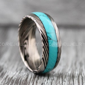 Turquoise Ring, Turquoise Wedding Ring, Black Tungsten Band Domed Edge Turquoise Inlay and Damascus Steel Pattern Laser Engraved