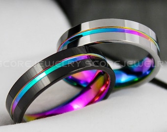 Rainbow Rings Rainbow Wedding Rings, 2 Piece Couple Set Tungsten Bands Flat Edge Center Rainbow Groove, 6mm Tungsten Wedding Rings