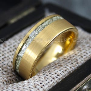 Meteorite Ring, Meteor Ring, Yellow Gold Tungsten Wedding Band, Tungsten Wedding Ring, Tungsten Band with Imitation Meteorite Texture Inlay