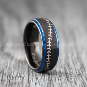 Baseball Ring, Baseball Wedding Ring, 8mm Black Tungsten Baseball Ring with Blue Step Edge Baseball Stitch Pattern, Black Wedding Ring