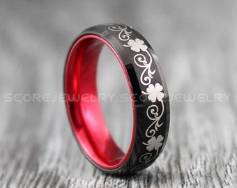 Irish Ring, Clover Ring, Shamrock Ring, Irish Jewelry, 6mm Black Tungsten Band Domed Edge Celtic Ring, St. Patrick's Day Gift, Ireland Ring