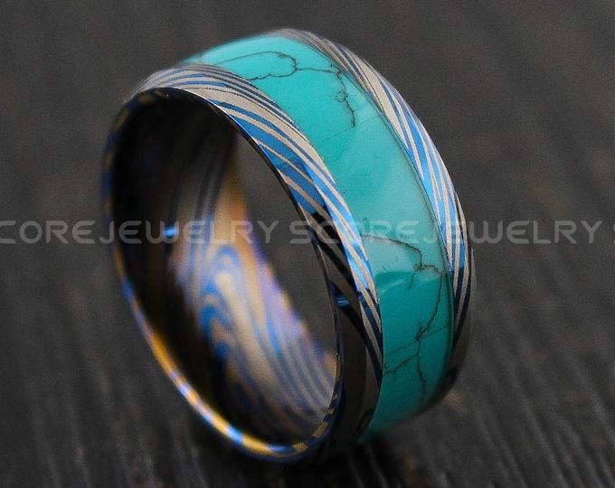 Turquoise Ring, Turquoise Wedding Ring, 10mm Blue Tungsten Band Turquoise Inlay and Damascus Steel Pattern, Turquoise Wedding Band Ring