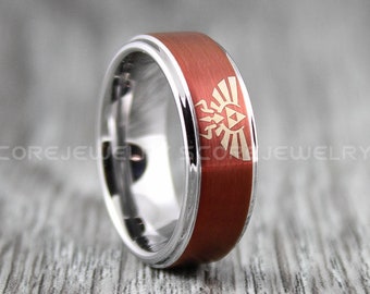 Zelda Ring 8mm Red Tungsten Gamer Ring Gamer Ring 8mm Deep Velvet Red Tungsten Band with Beveled Edge Zelda Triforce Inspired Pattern